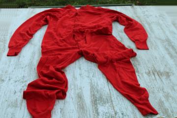 catalog photo of old fashioned vintage red cotton union suit, winter long underwear work clothes or Santa style!
